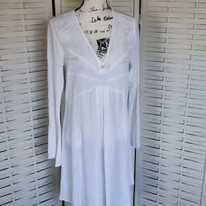 FLAX White Long Sleeve High Waist V-neck Semisheer Dress Petite